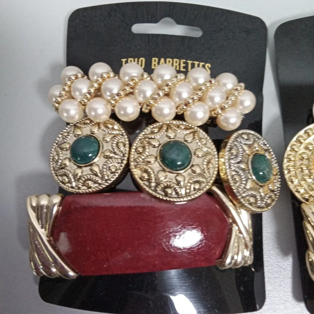 Trio Barrettes Hair Clip Lot of 2 Packs Vintage Style Faux Pearl Gold Tone Resin